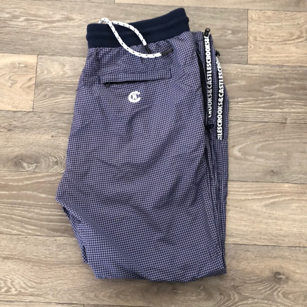 CROOKS & CASTLES Blue Grid Track Pants Joggers L